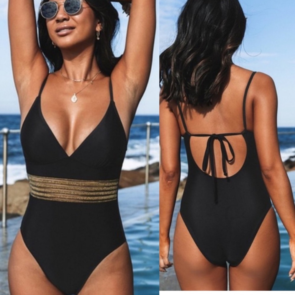 NWT - Mystique One Piece Gold Mesh Swim Suit in Black